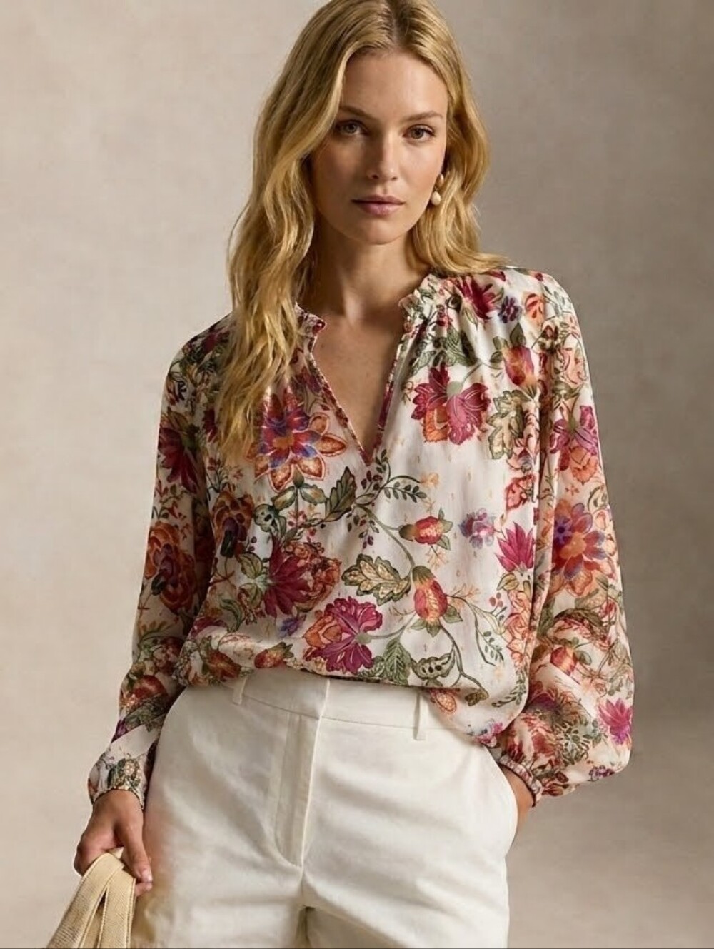 Autres Filles Anthropologie Floral V-Neck Long Sleeve Chiffon Blouse Size Large